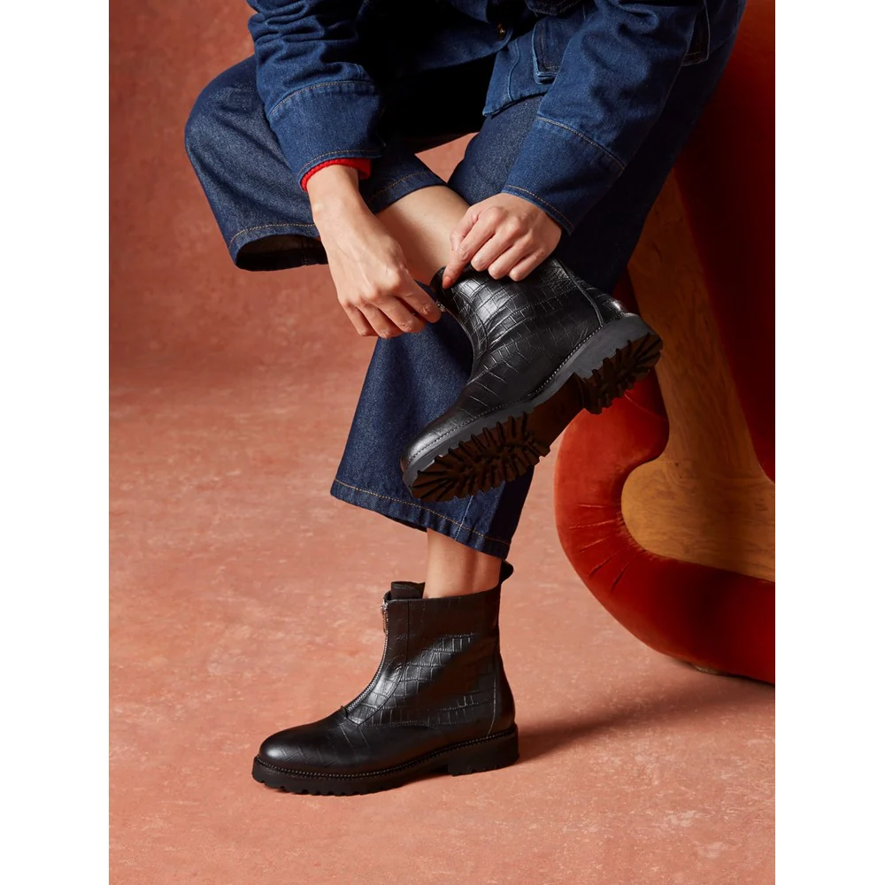 Black Croc Gena Front Zip Boots - Image 6